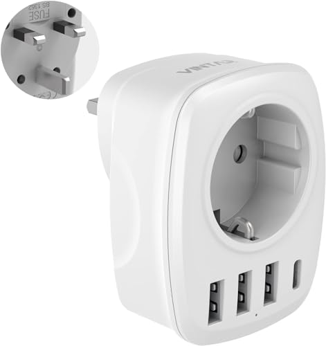 Reiseadapter UK Adapter England Deutschland Stecker, VINTAR Steckdosenadapter Reisestecker Stromadapter mit 3 USB-A und 1 USB-C-Anschluss, geeignet für Großbritannien England Irland Malaysia, TypG von VINTAR