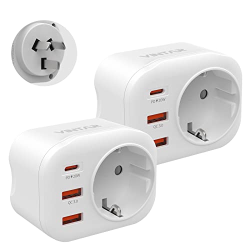 VINTAR 2PC 20W Australien Reiseadapter, 4 in 1 PD & QC 3.0 Schnellladestecker-Adapter, mit 2 USB-Anschlüssen und 1 USB-C-Anschluss, für Australien, Argentinien, China, TypI von VINTAR