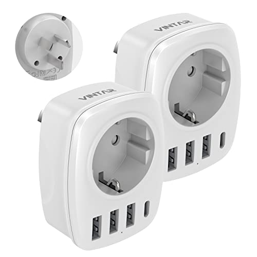 VINTAR 2PC Deutschland auf Australien Reiseadapter, 5 in1 Steckeradapter, mit 3 USB-Anschlüssen und 1 USB-C-Anschluss,passend für Australien,China,Neuseeland Reiseadapter,weiß-TypI von VINTAR