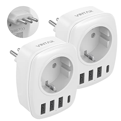 VINTAR 2PC Deutschland auf Italien Reiseadapter, 5 in1 Steckeradapter,mit 3 USB-Anschlüssen und 1 USB-C-Anschluss,passend für Reiseadapter in Italien,Malediven,Chile,CE-Zertifizierung-TYPL von VINTAR