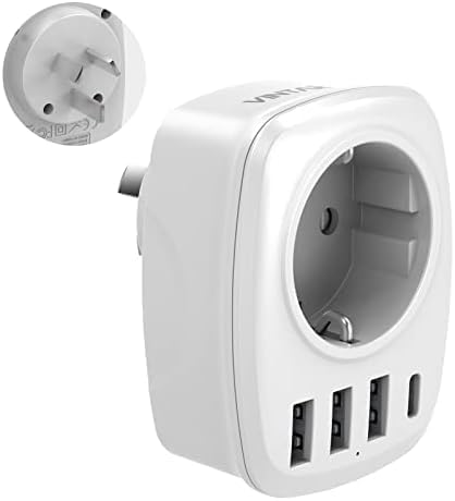 VINTAR Adapter Australien, 5 in1 Adapter China Deutschland Stecker, mit 3 USB Anschlüssen und 1 USB C Anschluss,passend für Australien,China,Neuseeland Reiseadapter, weiß, TypI von VINTAR