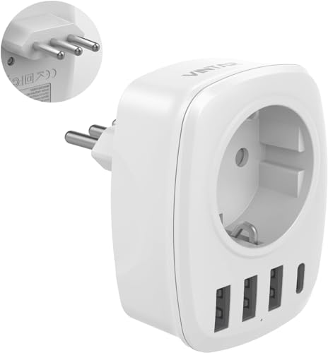 VINTAR Adapter Italien Steckdose, 5 in1 Reiseadapter Italien, mit 3 USB Anschlüssen und 1 USB C Anschluss, passend für Reiseadapter in Italien, Malediven, Chile, Uruguay, weiß, TYPL von VINTAR