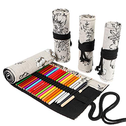 VIONNPPT Große Kapazität Leinwand Erwachsene Bleistift Wrap Rolle Fall Halter, tragbare Färbung Bleistift Halter Veranstalter Rolle Lagerung für Farbige Bleistifte (Pfingstrose, 48 Holes) von VIONNPPT