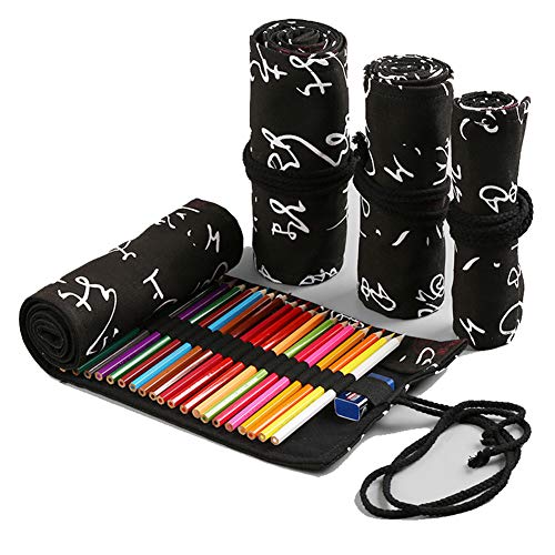 VIONNPPT Handgemachte Leinwand Bleistift Wrap Roll up Fall Halter Böhmischen Stil Reise Zeichnung Skizzieren Färbung Bleistift Rolle Organizer (Schwarz Kalligraphie, 48 Holes) von VIONNPPT