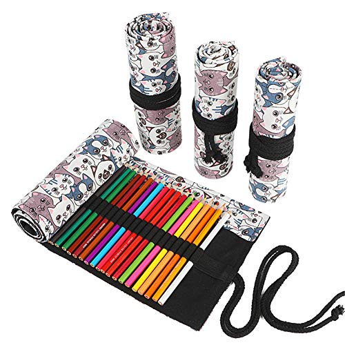 VIONNPPT Leinwand Roll-Up Bleistift Fall Große Kapazität Stift Beutel Halter Farbe Bleistifte Wrap Schreibwaren Fall Veranstalter für Student künstler Reisenden Geschenke (Katze, 48 Holes) von VIONNPPT