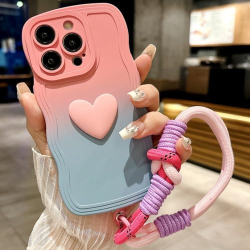 VIPAVA 3D-Handyhülle mit süßem Liebesherz, Farbverlauf, lockiger Welle und Handschlaufe für iPhone 15 Pro Max 14 13 12 11 XS X XR 7 8 6S Plus, Pink Blau, für iPhone 7 (8) von VIPAVA