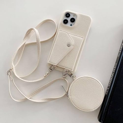 VIPAVA Crossbody Wallet Case für iPhone 14 13 12 11 Pro XS Max Mini X XR 7 8 Plus Kartenfachhalter Münzgeldbörse Lanyard Lederhülle, Beige, für iPhone 12 von VIPAVA