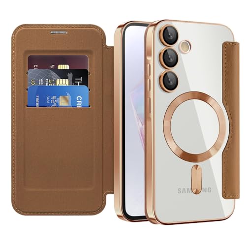 VIPAVA Luxuriöse Flip-Leder-Kartenclip-Magnet-Handyhülle für Samsung S24 S23 Ultra FE S22 Plus A55 A35 5G Plating Clear Wallet Cover, braun, für Galaxy S24 von VIPAVA