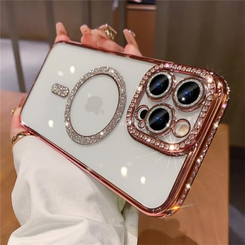 VIPAVA Luxus Diamond Glitter Magnetic Charging Silikon Soft Case für iPhone 15 14 13 12 Pro Max Plus 11 Transparente stoßfeste Abdeckung, Pink, für iPhone 15 von VIPAVA