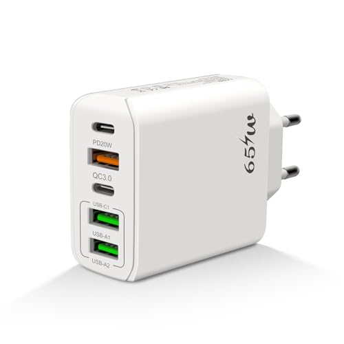 VIPMOON 65W Multifunktions-USB-C-Ladegerät, 5-Port USB-C und USB-A Multi-Channel-Ladegerät, 65W Schnellladegerät PD 3.0 Power Adapter USB Power für Huawei/Samsung/iPhone/One Plus von VIPMOON