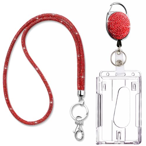 VIQWYIC 1 Pack Retractable ID Badge Holder with Clip, ID Name Badge Reels with Bling Rhinestones Retractable Card Holder for Office Worker Teacher Doctor Nurse(Red) von VIQWYIC
