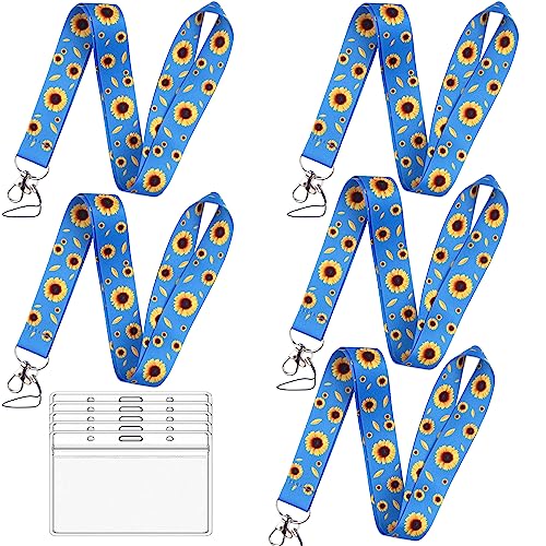 VIQWYIC Ausweishalter, 5 x Sonnenblumen-Schlüsselbänder und 5 x transparente Kunststoff-horizontale Namensschilder, Ausweishalter für Schlüssel, USB-Ausweishalter von VIQWYIC