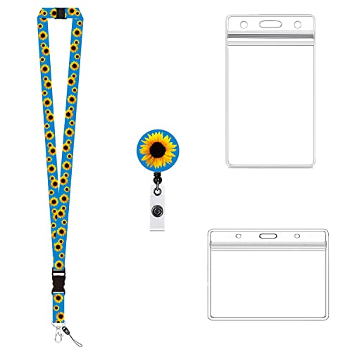 VIQWYIC Sonnenblumen-Halskette für ID-Ausweise, Breakaway-Ausweishalter-Lanyard mit einziehbarer Ausweisrolle, abnehmbarer Schnalle für Schlüssel, USB-Ausweis-Namensschildhalter (Blau) von VIQWYIC
