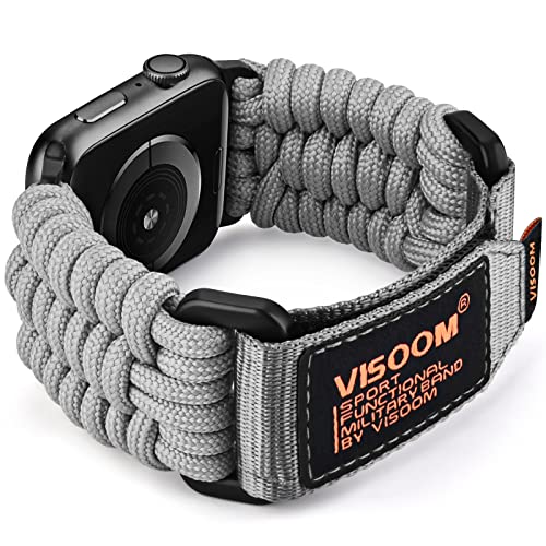VISOOM Armband Kompatibel mit Apple Watch 45mm 44mm 42mm Ultra 49mm, Survival Sport Armband Geflochten Nylon Stoff Klettverschluss Loop für iWatch Series 8 7 6 SE 5 4 3 2 1 Herren, XL-Grau von VISOOM