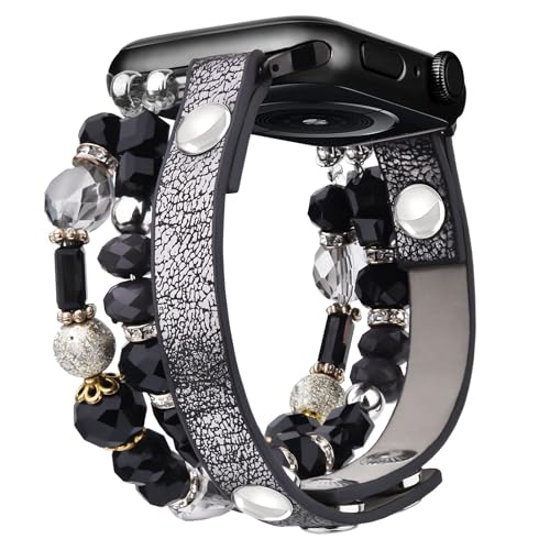 VISOOM Armband Kompatibel mit Apple Watch Armband 38mm/40mm/41mm Series 9/8/7 SE 6/5/4 Frauen Mode Handmade Niedlich Beaded und Leder Armbänder für iWatch Bands 3/2/1 Replacement Black von VISOOM