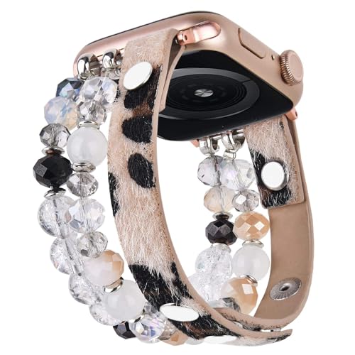 VISOOM Armband Kompatibel mit Apple Watch Armband 38mm/40mm/41mm Series 9/8/7 SE 6/5/4 Frauen Mode Handmade Niedlich Beaded und Leder Armbänder für iWatch Bands 3/2/1 Replacement Leopard von VISOOM