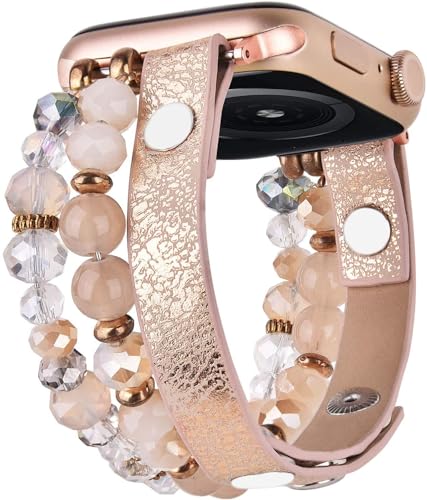 VISOOM Armband Kompatibel mit Apple Watch Armband 38mm/40mm/41mm Series 9/8/7 SE 6/5/4 Frauen Mode Handmade Niedlich Beaded und Leder Armbänder für iWatch Bands 3/2/1 Replacement Rosegold von VISOOM