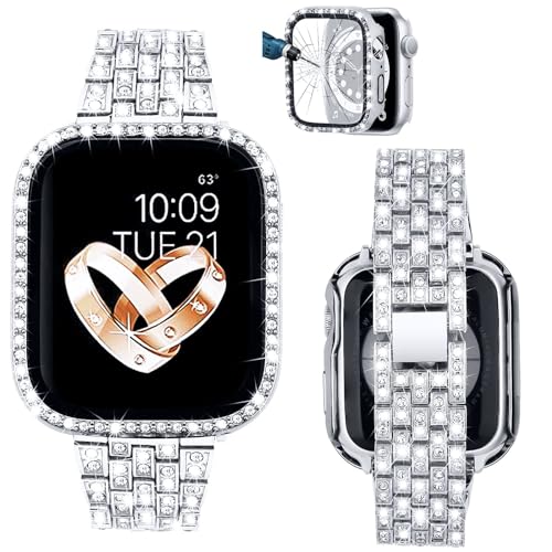 VISOOM Armband Kompatibel mit Apple Watch Armband 41mm mit Schutz Case Series 9/8/7 Frauen Mode Niedlich Diamant Metall Armbänder für iWatch Bands Replacement Silber von VISOOM