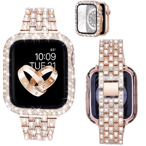 VISOOM Armband Kompatibel mit Apple Watch Armband 45mm mit Schutz Case Series 9/8/7 Frauen Mode Niedlich Diamant Metall Armbänder für iWatch Bands Replacement Rosegold von VISOOM