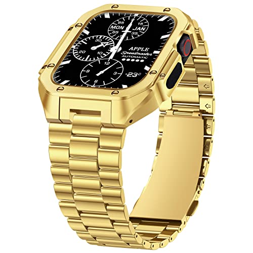 VISOOM Armband Kompatibel mit Apple Watch Series 7 45mm/Series 6 44mm/Ultra 49mm mit Metallrand, Business Edelstahlband mit stoßfester Schutzhülle und Ersatzband für iWatch Series 8/7 45mm,Gold von VISOOM