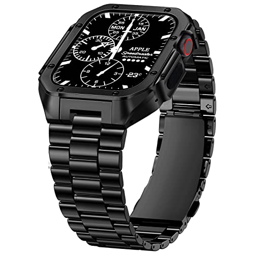 VISOOM Armband Kompatibel mit Apple Watch Series 7 45mm/Series 6 44mm/Ultra 49mm mit Metallrand, Business Edelstahlband mit stoßfester Schutzhülle und Ersatzband für iWatch Series 8/7 45mm,Schwarz von VISOOM