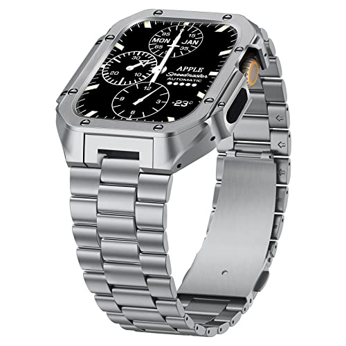 VISOOM Armband Kompatibel mit Apple Watch Series 7 45mm/Series 6 44mm/Ultra 49mm mit Metallrand, Business Edelstahlband mit stoßfester Schutzhülle und Ersatzband für iWatch Series 8/7 45mm,Silber von VISOOM