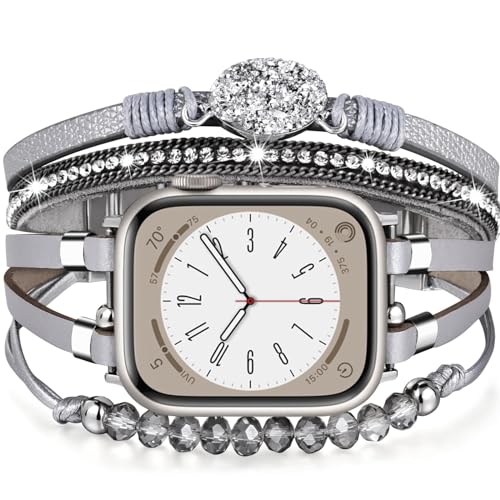 VISOOM Beaded Boho Kompatibel mit Apple Watch Armband 40mm/38mm/41mm/42mm Series 10/9/8/7/SE 6/5/4 Frauen Leder Mode Niedlich Handmade Multilayer Wrap Watch Strap iWatch Bands 3/2/1 Replacement,Gray von VISOOM