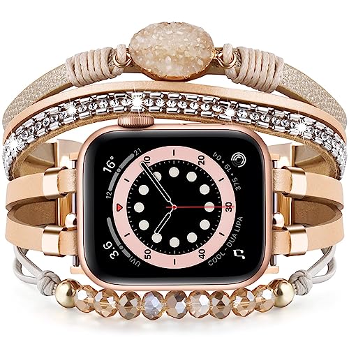 VISOOM Beaded Boho Kompatibel mit Apple Watch Armband 40mm/38mm/41mm/42mm Series 10/9/8/7/SE 6/5/4 Frauen Leder Mode Niedlich Handmade Multilayer Wrap Watch Strap iWatch Bands 3/2/1 Replacement,Kahki von VISOOM