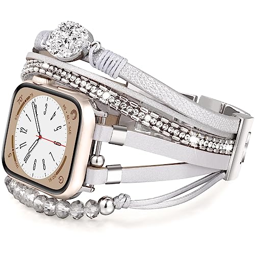 VISOOM Beaded Boho Kompatibel mit Apple Watch Armband 40mm/38mm/41mm/42mm Series 10/9/8/7/SE 6/5/4 Frauen Leder Mode Niedlich Handmade Multilayer Wrap Watch Strap iWatch Bands 3/2/1 Replacement,Silber von VISOOM
