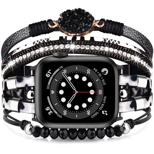 VISOOM Beaded Boho Kompatibel mit Apple Watch Armband 40mm/38mm/41mm/42mm Series 10/9/8/7/SE 6/5/4 Frauen Leder Niedlich Handmade Multilayer Wrap Watch Strap iWatch Bands 3/2/1 Replacement,Leopard von VISOOM