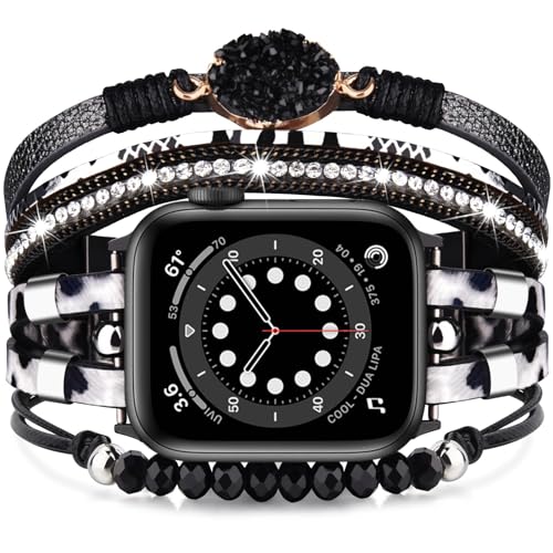 VISOOM Beaded Boho Armband Kompatibel mit Apple Watch Armband 40mm/38mm/41mm Series 9 8 7 SE 6/5/4 Frauen Leder Mode Niedlich Handmade Multilayer Wrap Watch Strap für iWatch Bands 3/2/1 Replacement von VISOOM