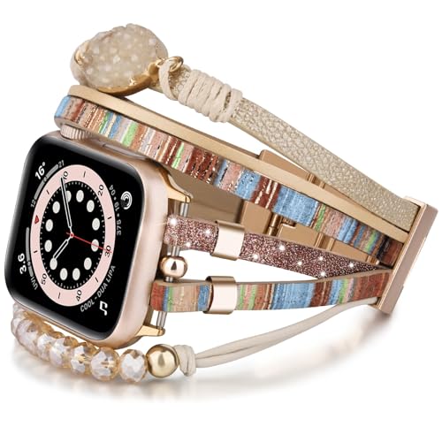 VISOOM Beaded Boho Armband Kompatibel mit Apple Watch Armband 42mm/44mm/45mm Series 9 8 7 SE 6/5/4 Frauen Leder Mode Niedlich Handmade Multilayer Wrap Watch Strap für iWatch Bands 3/2/1 Replacement von VISOOM