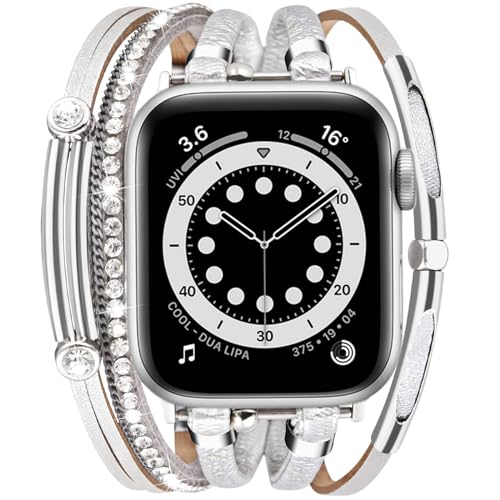 VISOOM Beaded Boho Kompatibel mit Apple Watch Armband 40mm/38mm/41mm Series 9 8 7 SE 6/5/4 Frauen Leder Mode Niedlich Handmade Multilayer Wrap Watch Strap für iWatch Bands 3/2/1 Replacement Silver von VISOOM