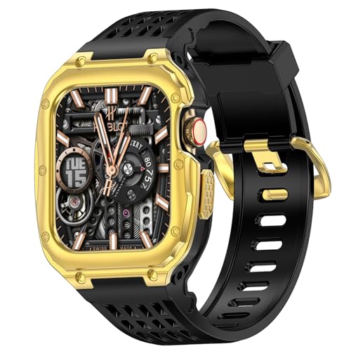 VISOOM Edelstahl Schutzhülle mit Armband Kompatibel mit Apple Watch Armband 45mm 44mm, Herren Rugged TPU Sport mit Metallschutz Bumper Case für iWatch Bands Serie 9/8/SE2/7/6/SE/5/4,Schwarz&Gold von VISOOM