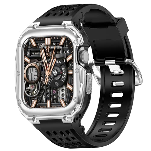 VISOOM Edelstahl Schutzhülle mit Armband Kompatibel mit Apple Watch Armband 45mm 44mm, Herren Rugged TPU Sport mit Metallschutz Bumper Case für iWatch Bands Serie 9/8/SE2/7/6/SE/5/4,Schwarz&Silber von VISOOM