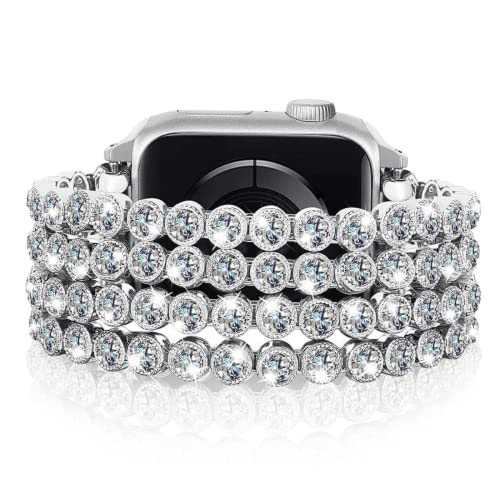 VISOOM Kompatibel mit Apple Watch 42mm 44mm 45mm Armband Damen für iWatch Series 8/7/SE/6/5/4/3/2/1 Glitzer Perlen Diamant Ersatz Armbänder Handgefertigter Elastischer Stretch Bracelet Band(Silber) von VISOOM