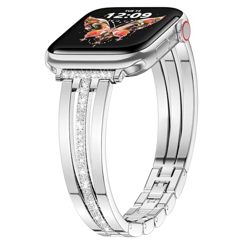 VISOOM Damen Metall Ersatzarmband Kompatibel mit Apple Watch Armband 40mm 38mm 41mm 42mm(Series 10),Elegant Schlank Diamantarmband für iWatch Series 10 9 8 7 6 5 4 3/2/1 SE,Silber von VISOOM
