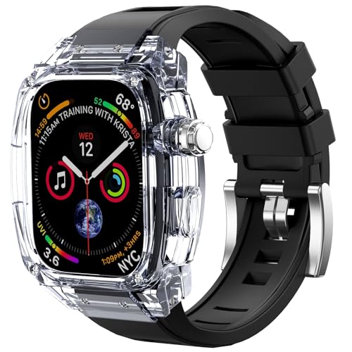 VISOOM Schutzhülle mit Armband Kompatibel mit Apple Watch Armband 45mm, Herren Gummi Silikon Sport mit Bumper Case für iWatch Bands Serie 9/8/7,Transparent&Schwarz von VISOOM