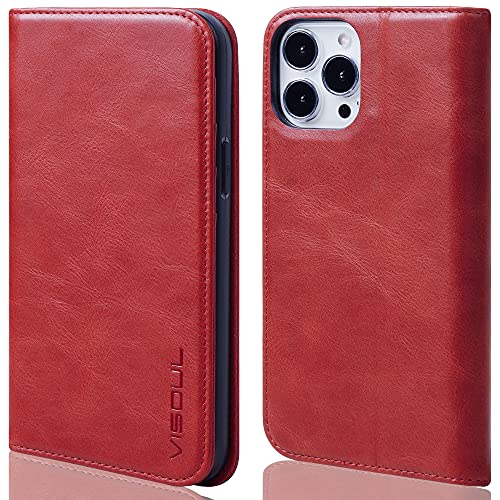 VISOUL Hülle für iPhone 13 Pro Max Handyhülle Schutzhülle TPU [Erstklassiges Echtleder] [Kartenfach] [Magnet] [Standfunktion], Stoßfest Telefon Lederhülle Kompatibel mit iPhone 13 Pro Max 6,7 Rot von VISOUL