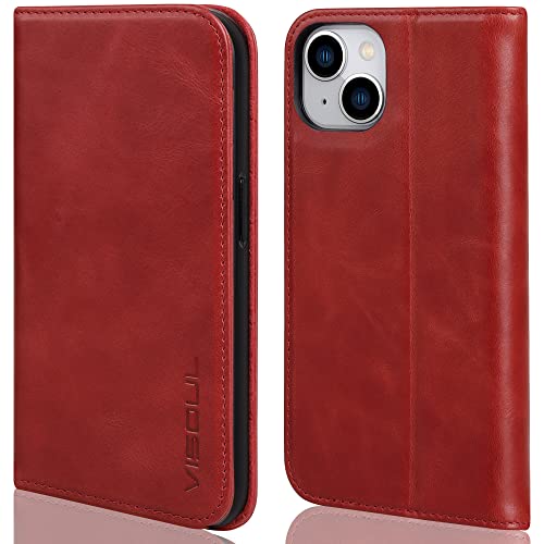 VISOUL Hülle für iPhone 14, Schutzhülle Erstklassiges Rindsleder Schützt vor Stoß Kartenfach Magnetverschluss Stand RFID TPU Etui Case Rot von VISOUL