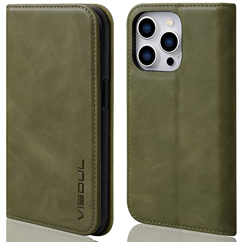 VISOUL Hülle für iPhone 14 Pro Handyhülle Erstklassiges Echtleder Schützt vor Stoß 3 Kartenfächer Magnet Standfunktion TPU RFID Schutzhülle Lederhülle 6,1 Grün von VISOUL