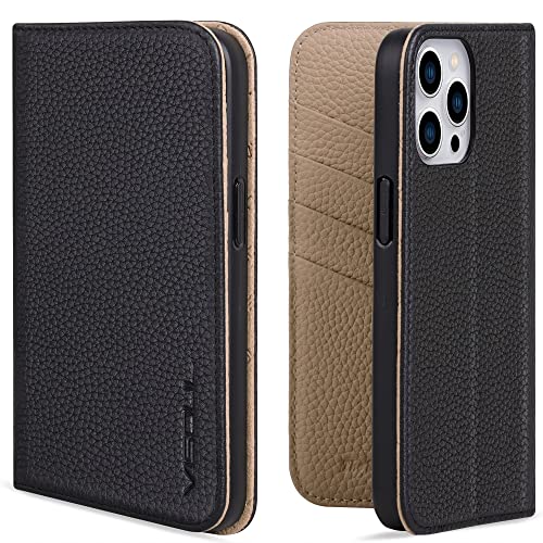 VISOUL Hülle für iPhone 14 Pro Max, Schutzhülle Rindsleder Schützt vor Stoß Kartenfach Magnetverschluss Stand RFID TPU Etui Case Grau L von VISOUL