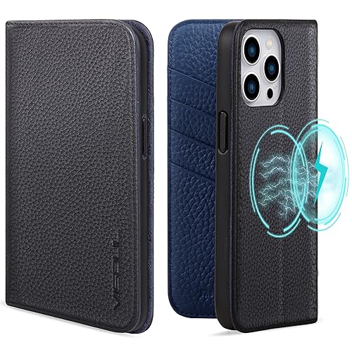 VISOUL Pebbled Genuine Leather Case for iPhone 15 Pro Max Wallet Case with MagSafe and Card Holder, Magnetic Flip Folio Cover with Kickstand for iPhone 15 Pro Max (6.7 inch)(Black+Blue) von VISOUL