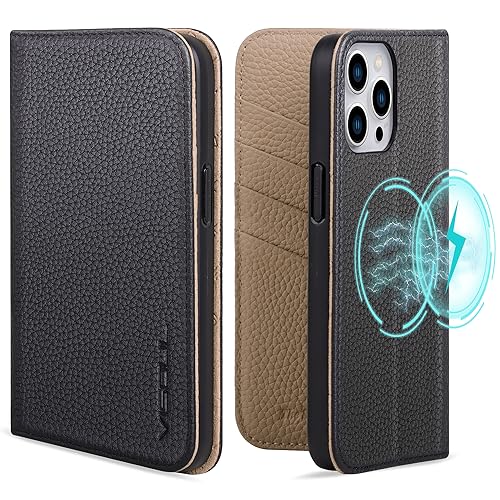 VISOUL Pebbled Genuine Leather Case for iPhone 15 Pro Max Wallet Case with MagSafe and Card Holder, Magnetic Flip Folio Cover with Kickstand for iPhone 15 Pro Max (6.7 inch)(Black+Grey) von VISOUL