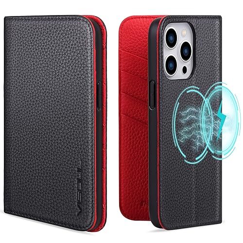 VISOUL Pebbled Genuine Leather Case for iPhone 15 Pro Max Wallet Case with MagSafe and Card Holder, Magnetic Flip Folio Cover with Kickstand for iPhone 15 Pro Max (6.7 inch)(Black+Red) von VISOUL