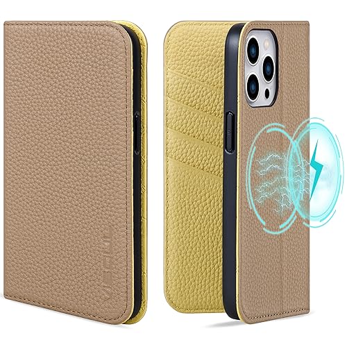 VISOUL Pebbled Genuine Leather Case for iPhone 15 Pro Max Wallet Case with MagSafe and Card Holder, Magnetic Flip Folio Cover with Kickstand for iPhone 15 Pro Max (6.7 inch)(Brown+Yellow) von VISOUL