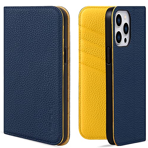 VISOUL Schutzhülle für iPhone 13 Pro Max (17 cm / 6,7 Zoll), genarbtes Echtleder, Brieftaschen-Schutzhülle mit Kartenhalter, Klapphülle mit Magnetständer, Blau + Gelb von VISOUL