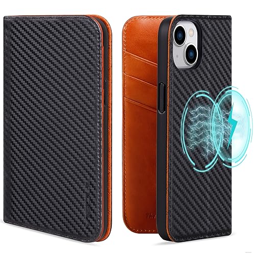 VISOUL Schutzhülle für iPhone 15, Echtleder, Brieftaschen-Hülle, Kohlefaser-Leder, Flip-Folio-Schutzhülle mit Kartenhalter, Ständer, magnetisch, entworfen für iPhone 15 (6,1 Zoll) (schwarz + orange) von VISOUL