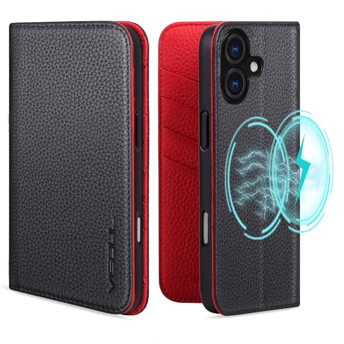 VISOUL Schutzhülle für iPhone 16 Plus, Brieftaschen-Hülle, genarbtes Echtleder, Brieftasche, Kartenhalter, Ständer, stoßfest, Klapphülle, kompatibel mit iPhone 16 Plus (6,7 Zoll), Schwarz + Rot von VISOUL