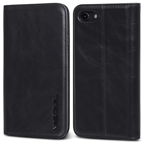 VISOUL Schutzhülle für iPhone SE 3rd 2022, SE 2nd 2020, iPhone 8/7, Brieftasche, Folio-Hülle, echtes Leder, magnetisch, mit Kartenfach, für iPhone 8/7/SE2/SE3 (4,7 Zoll) (11,9 cm) (schwarz) von VISOUL